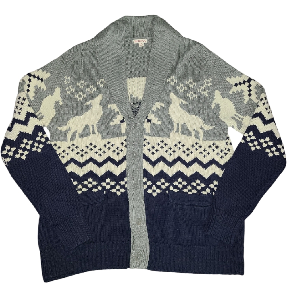Merona Grandpa Sweater Mens Reindeer Shawl Collar Cardigan Christmas Nortic LG